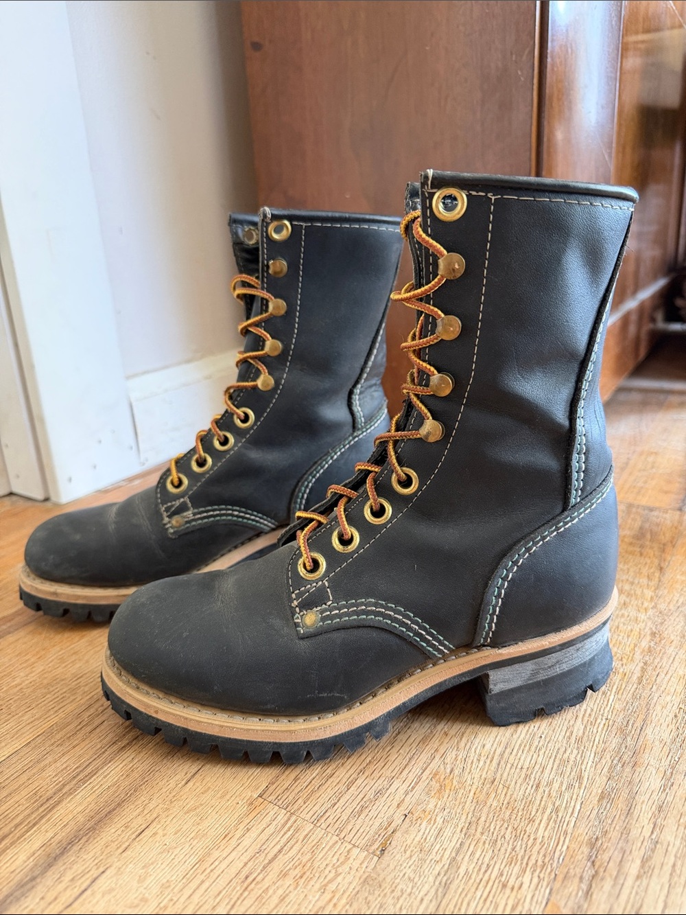VTG Georgia Black Leather Logger Boots Heavy Duty Combat Work Boots 9M